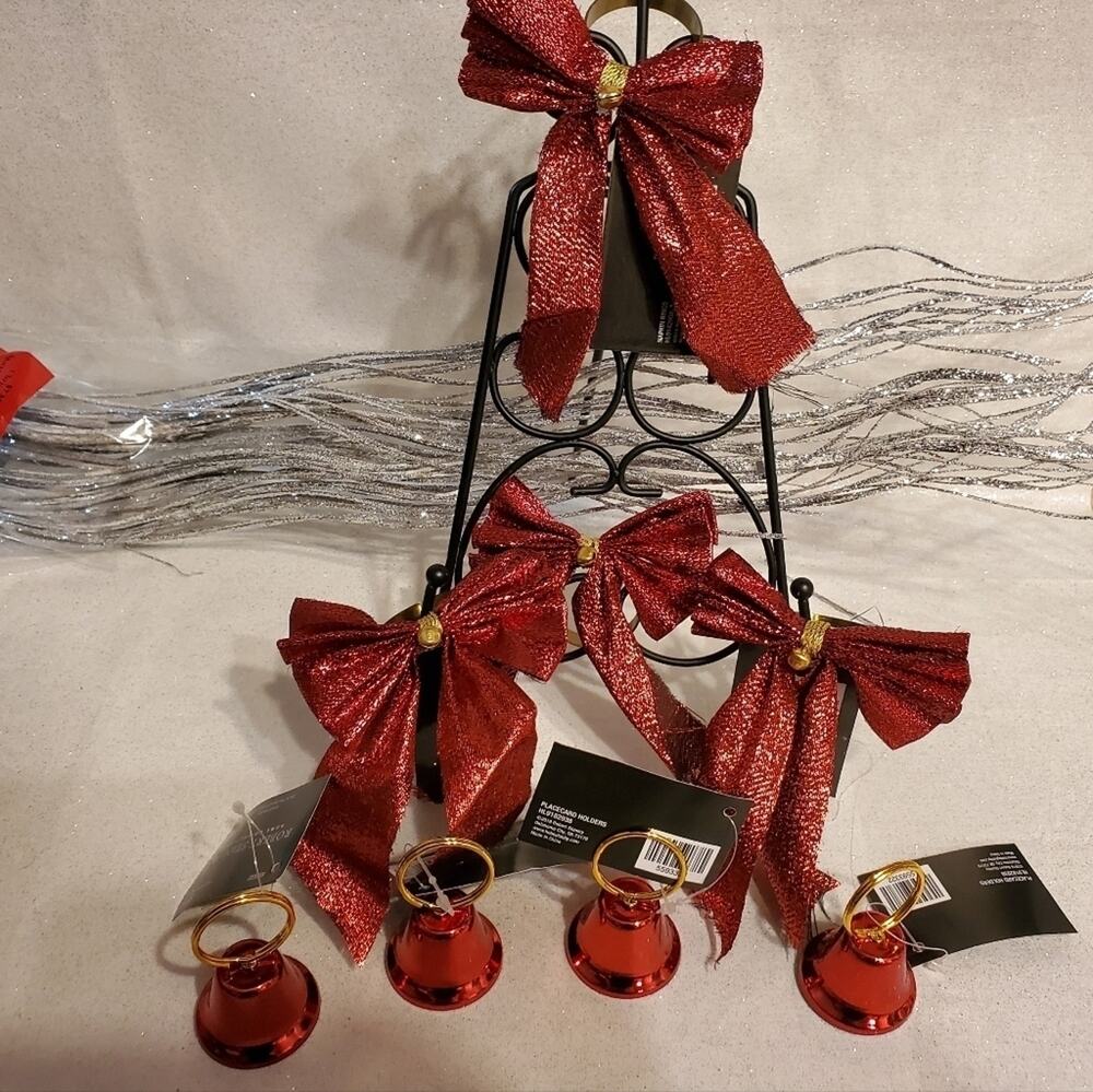 Set of 8 - Christmas Holiday Red glitter bow napkin rings & name tag holder